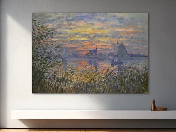 Impressionist painting by Claude Monet, sunset over water