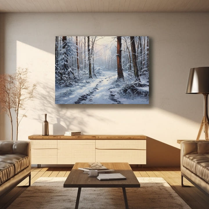 Acrylic painting of a snowy forest path between frosted trees at winter dawn