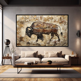 Prehistoric-style bison painting in ochre and umber on weathered stone
