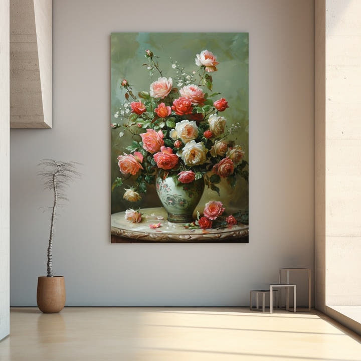 Painting of coral, crimson and ivory roses in an ornate porcelain vase