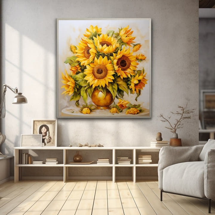 Watercolour sunflowers in an amber vase against a cream background