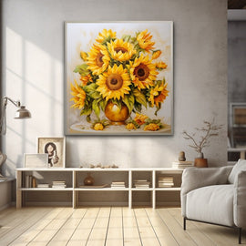 Watercolour sunflowers in an amber vase against a cream background