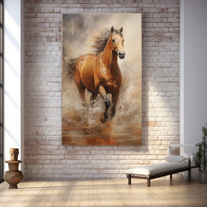 Oil painting of a copper horse galloping through water with flying spray