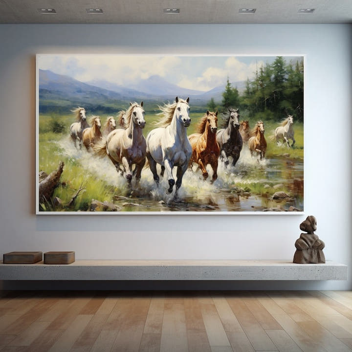 Herd of horses painting galloping through a sunlit stream