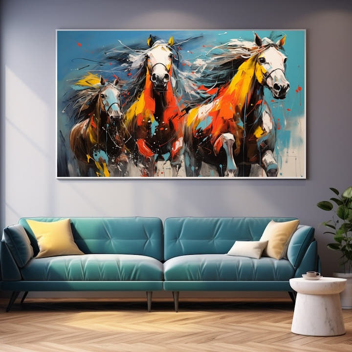Abstract horse oil painting of three galloping horses in turquoise and orange