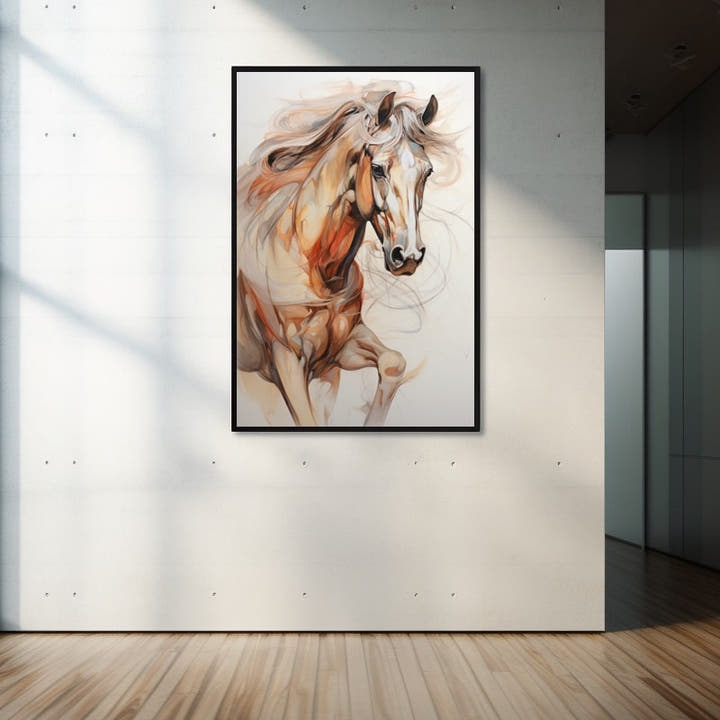 Horse rendered in flowing amber, cream and rust strokes on a pale background