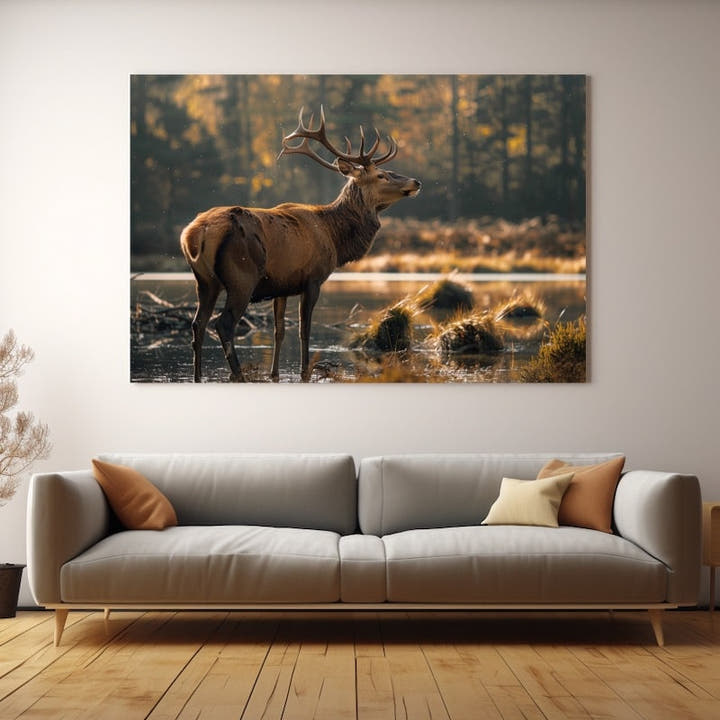 Red stag standing in a golden autumn woodland by water, antlers raised