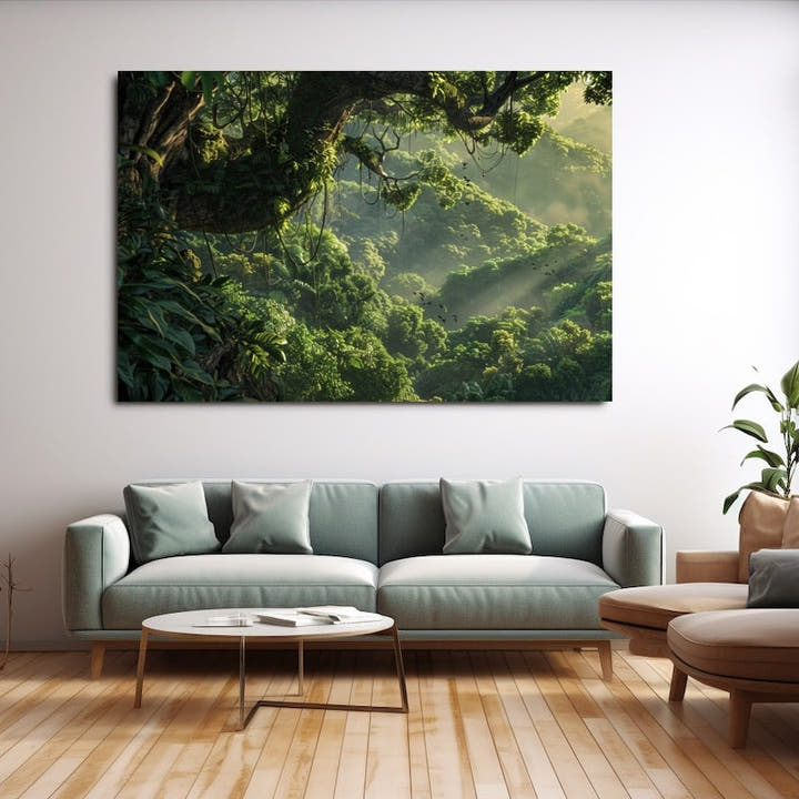 Morning sunlight through a misty green tropical jungle valley