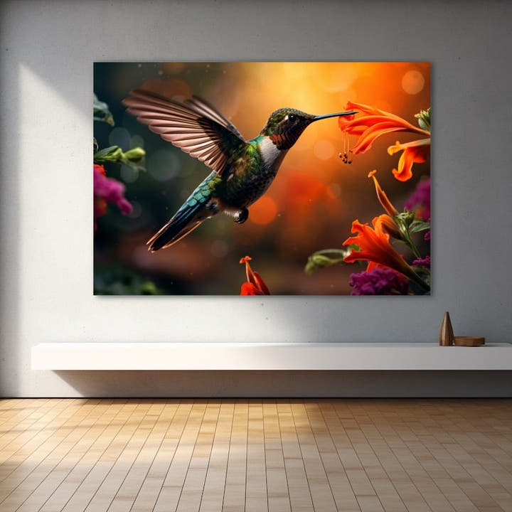 Hummingbird hovering beside orange trumpet flowers in warm light