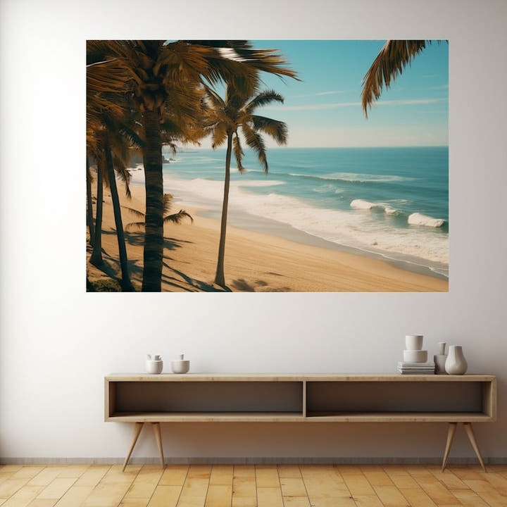 Vintage panoramic beach painting with leaning palms over pale sand and teal sea