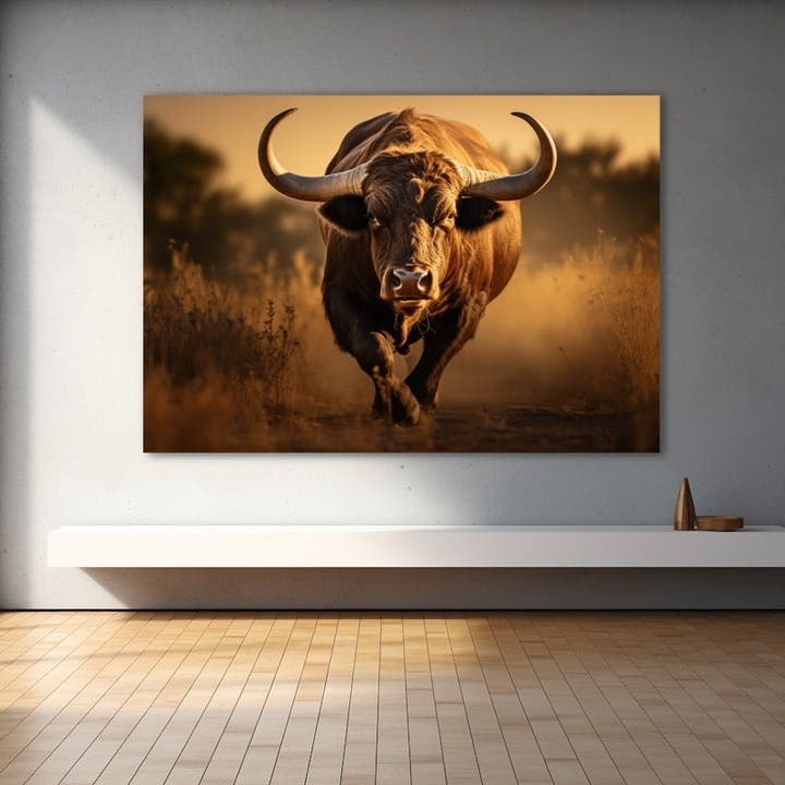 Dark horned bull striding through golden savannah grass at sunset
