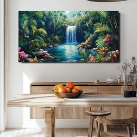 Tropical waterfall and turquoise pool framed by palms and pink flowers