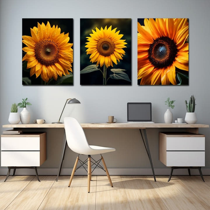 Triptych of three close-up sunflowers on dark backgrounds