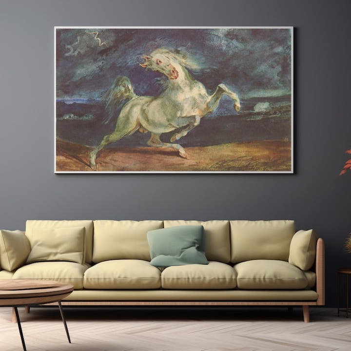 Pale horse rearing in fear beneath a lightning-streaked stormy sky