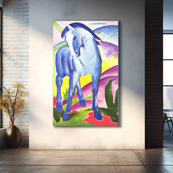 Franz Marc style blue horse in a pink and green Expressionist landscape