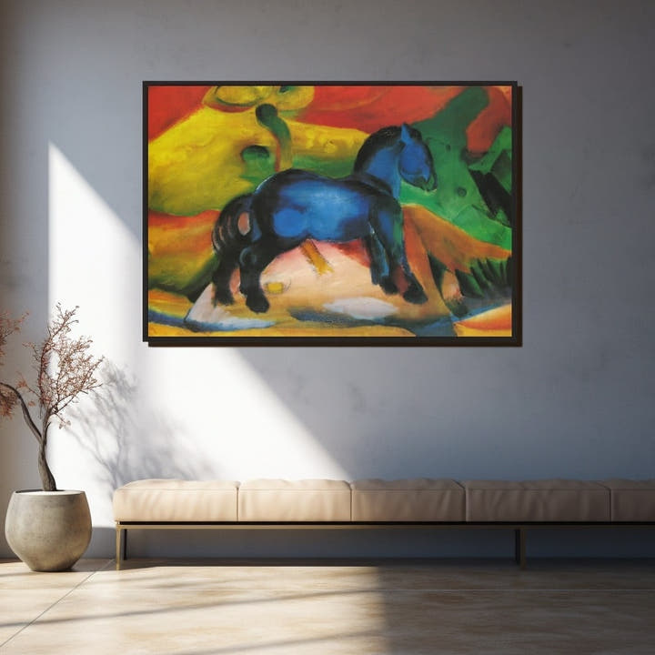 Vivid blue horse against bold fields of red, yellow and green