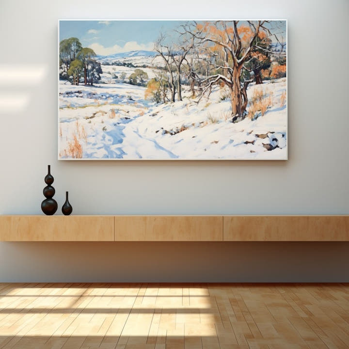 Impressionist snowy countryside painting with copper-leaved trees and blue sky