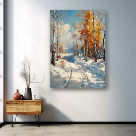 Palette-knife oil painting of a snowy woodland path with silver birches and golden autumn trees under a blue sky