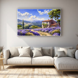 Provence landscape with lavender fields and a stone farmhouse