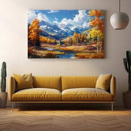 Oil painting of an autumn mountain valley with golden trees, a stream and snow-capped peaks