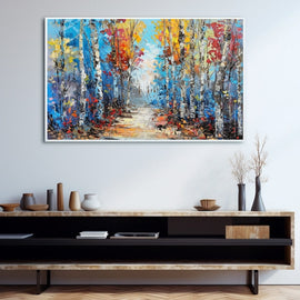 Abstract palette-knife painting of autumn birch trees in yellow, red and blue
