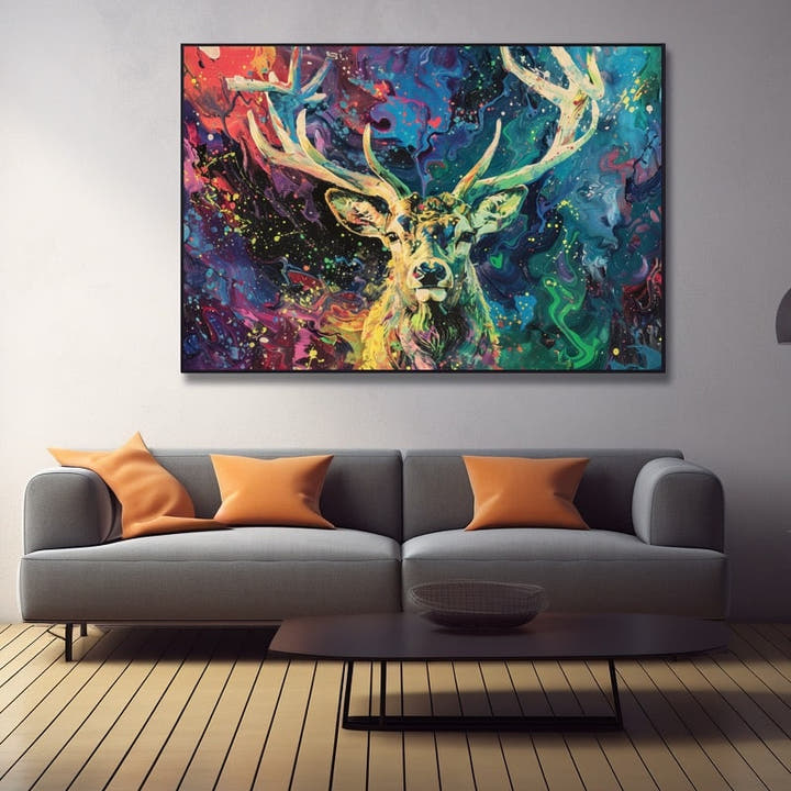 Abstract stag in gold against swirling magenta, blue and emerald paint