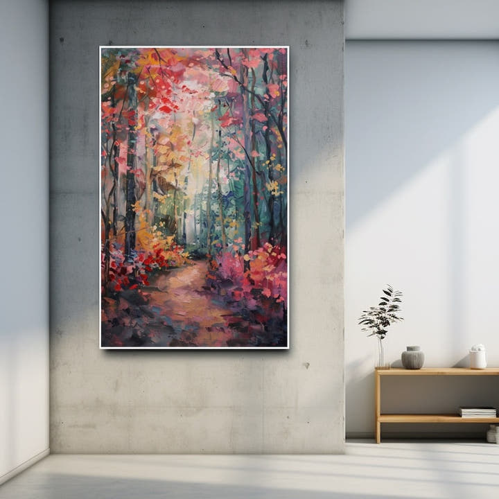 Abstract autumn forest path painting in pink, red and amber