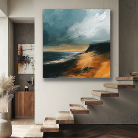 Abstract palette-knife landscape oil painting of an ochre coastline under a stormy blue-grey sky