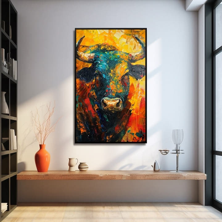 Expressionist palette-knife bull painting in teal, crimson and gold