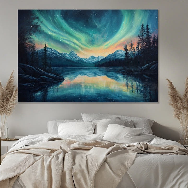 Acrylic painting of a teal and peach aurora over snowy peaks, dark pines and a mirror lake at night