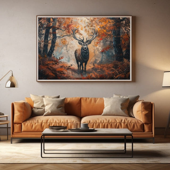 Acrylic painting of a stag in a glowing autumn forest with amber foliage