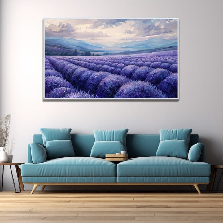 Acrylic painting of a lavender field in purple rows rolling toward blue hills