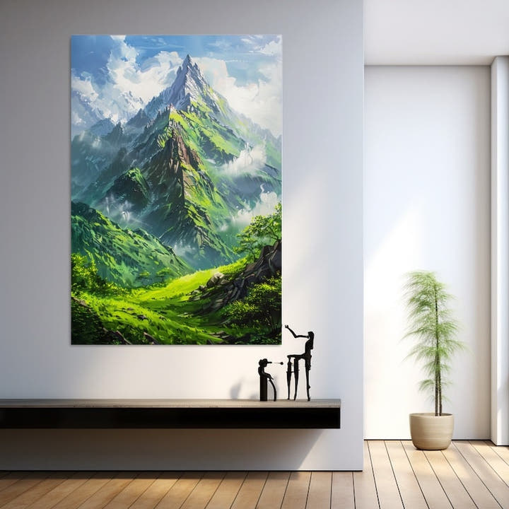 Acrylic painting of an emerald mountain peak rising through white cloud