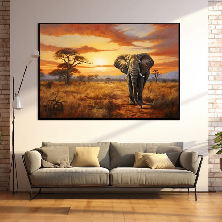 Acrylic painting of an African elephant on a savannah path at orange sunset