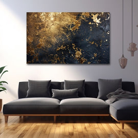 Abstract painting of molten gold and midnight blue with gold leaf flecks