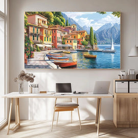 Acrylic painting of a Mediterranean harbour with pastel houses, boats and a sailboat