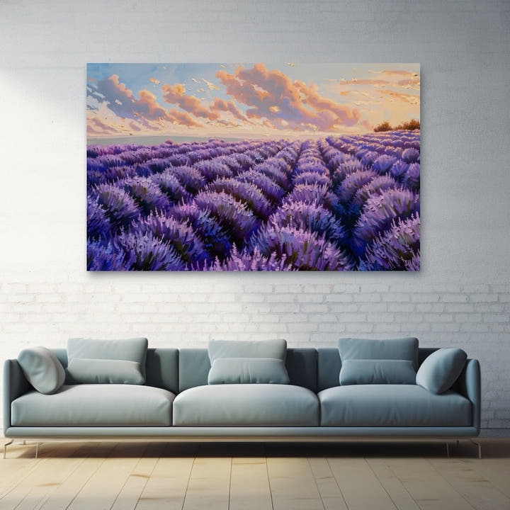 Acrylic painting of a lavender field in bloom under a golden sunset sky