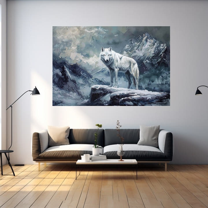 Acrylic painting of a white wolf on a rock before snowy peaks