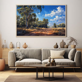 Acrylic landscape of a bush track through golden grass under a blue sky
