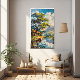 Acrylic painting of a sunlit South African river with a yellow-leaved tree and thatched hut