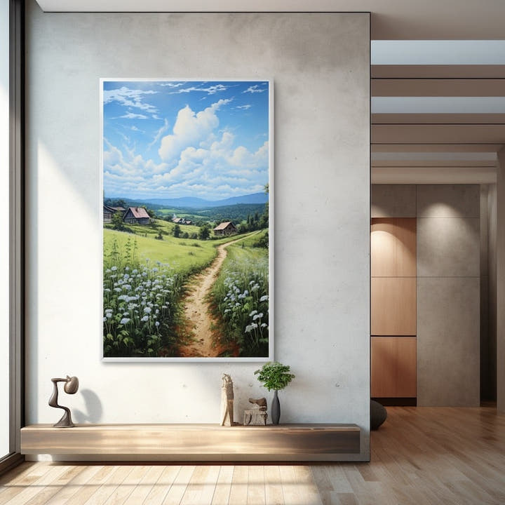Countryside oil painting of a meadow path leading to timber farmhouses under a summer sky