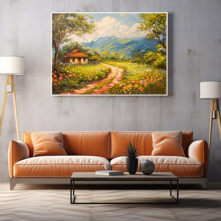 Acrylic painting of a countryside meadow with cottage and blue mountains