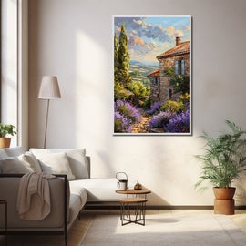 Provence stone farmhouse with a cypress and purple lavender under a golden sky