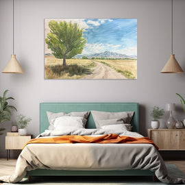 Plein air landscape painting of a tree and dirt track across a prairie toward blue mountains