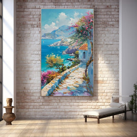 Mediterranean cliff path with pink bougainvillea above a turquoise bay and white villa