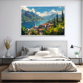 Impressionist Mediterranean lakeside village with cypress trees and mountains