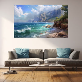 Turquoise waves breaking on a rocky shore beneath grey cliffs and a cloudy sky