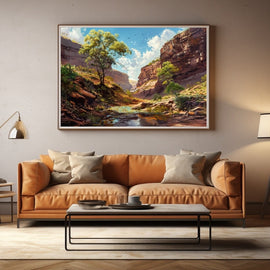 Painting of a sunlit red-rock canyon with a green tree and still rock pool