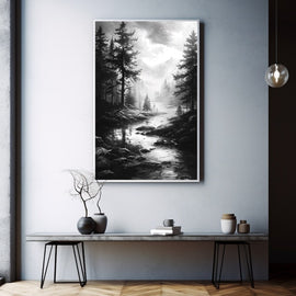 Black and white landscape of a misty river winding through a pine forest