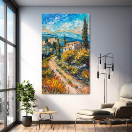 Vibrant impasto painting of a Provencal hillside with cypress trees and ochre stone houses